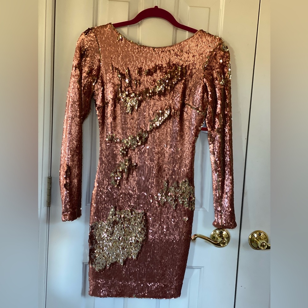 Dress the Population Coral/Pink and Gold Sequin Dress, New with tags